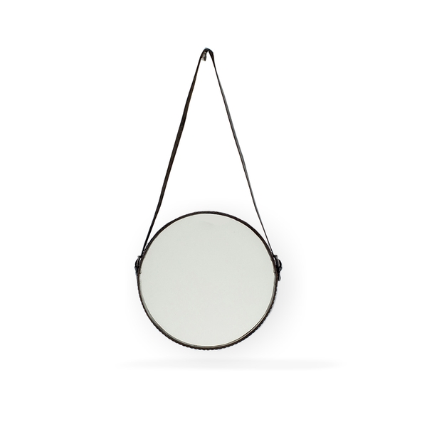image of medium round mirror with leather stripe