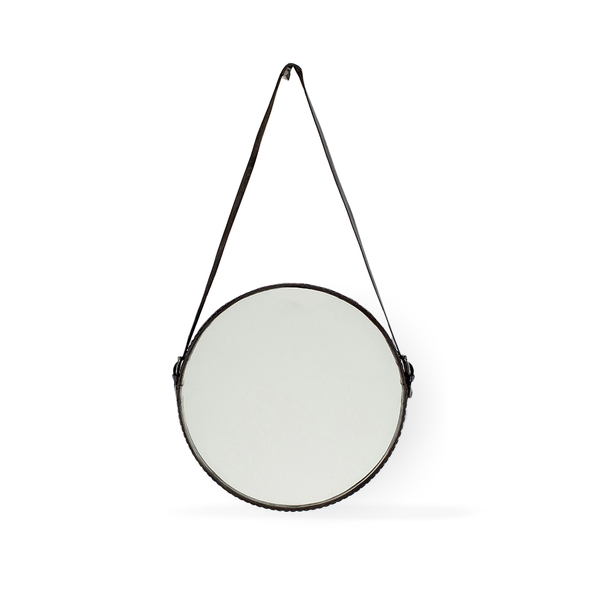 image of large round mirror with leather stripe
