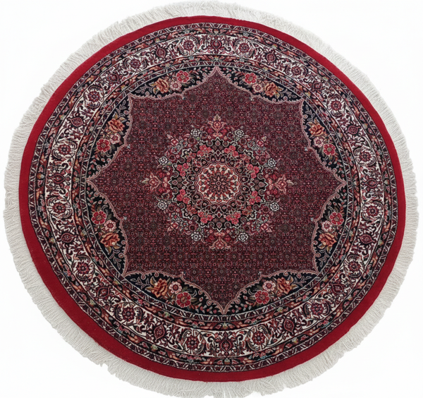 تصویر فرش نقشه خورشیدی گل ابریشم قرمز