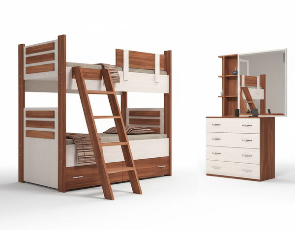 تصویر تختخواب دو طبقه پاندا با میز آرایش